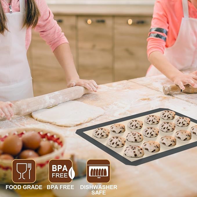 HOTEC Silicone Baking Mats 3 Pack – Thickened Non-Stick Reusable Silicone Baking Sheets for Oven – Cookie & Macaron Mats – 2 Half Sheet + 1 Quarter Sheet – BPA-Free, Dishwasher Safe