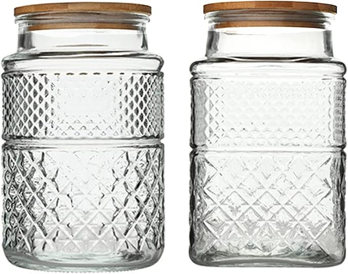 60 FL OZ/0.5 Gal Vintage Glass Storage Jar with Airtight Lid Set of 2 | Kitchen Pantry Thick Glass Container for Flour Sugar Cookie Coffee Laundry Pods, Wide Mouth Opening and Airtight Bamboo lid