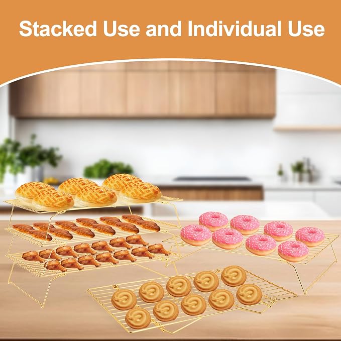Cooling Rack for Baking 3 Tiers, 16" x 10" Cookie Cooling Wire Rack Stackable Collapsible Nonstick, Stainless Steel Baking Cooking Cooling Racks with Optimum Air Flow, Gold