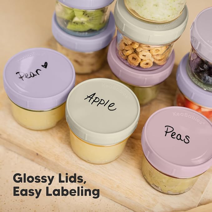KeaBabies 12pk 4oz Glass Baby Food Containers with Lids, Leak-Proof (Lilac) | Microwavable Small Glass Jars, Baby Purees, Toddler Snack Storage Containers, BPA-Free, Dishwasher-safe, Freezer Safe