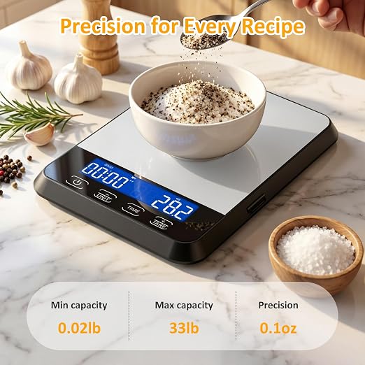 Letron Food Scale, 33 lb / 0.1 oz High Precision Kitchen Scale for Sourdough Bread, Built-in 7 Units, Timing & Tare Function, Rechargeable Digital Kitchen Scale for Food, Baking, Cooking, White