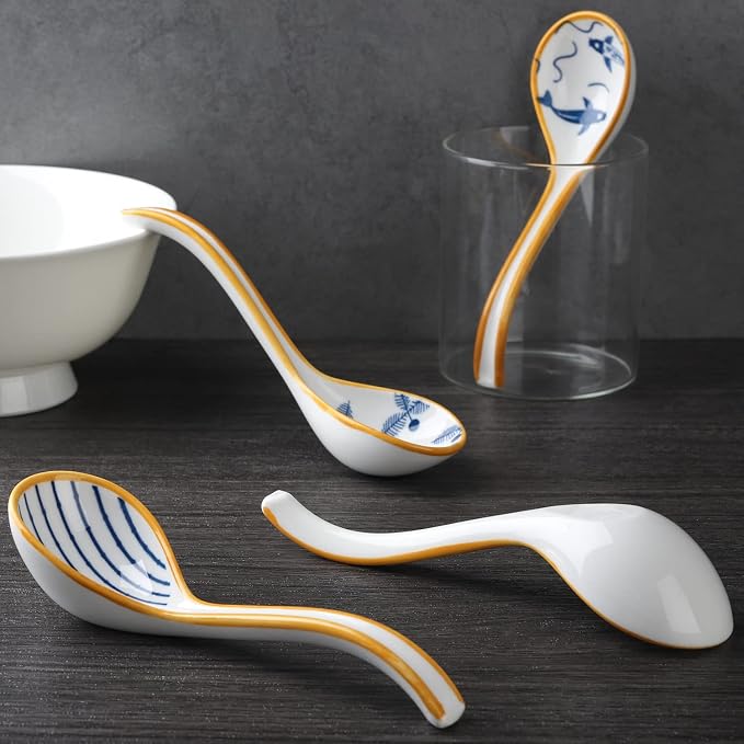 Ceramic Soup Spoons Set of 4 Porcelain Japanese Soup Spoon Long Handle Asian Soup Spoon Sets for Pho Ramen Noodles Wonton Dumpling Rice (Model 4#)