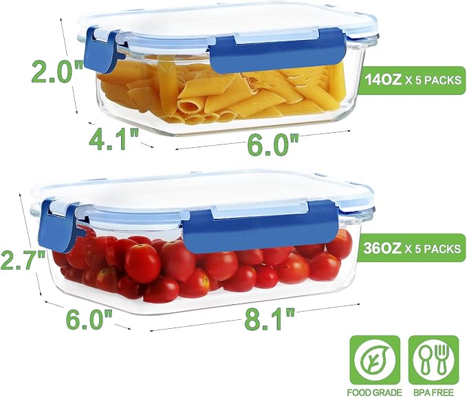 HOMBERKING 10-Pack Glass Meal Prep Containers, 36 oz/14 oz, Locking Lid Set | Borosilicate Glass Food Storage Containers Set, Airtight Lunch Bento Boxes, BPA-Free, Dishwasher Freezer, Oven Safe-Deep Blue