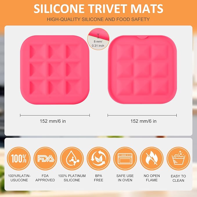 Silicone Trivets for Hot Pots and Pans, Pot Holders Hot Pads 6 Pack Silicone Mats for Kitchen Counter, Soft Durable Drying Mat, Jar Opener and Coasters (Pink)