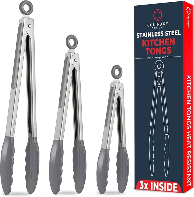 Kitchen Tongs with Silicone Tips Set of 3 Heat Resistant Tongs for Serving Food, 7-Inch, 9-Inch, 12-Inch Locking Silicone Tongs for Cooking, Salad Tong, Grey Kitchen Utensils