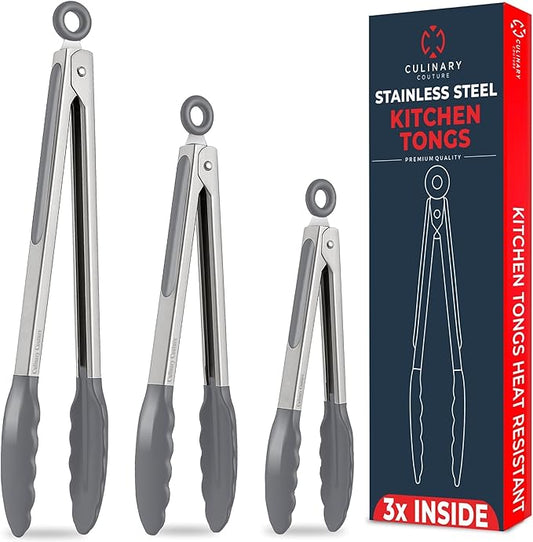 Kitchen Tongs with Silicone Tips Set of 3 Heat Resistant Tongs for Serving Food, 7-Inch, 9-Inch, 12-Inch Locking Silicone Tongs for Cooking, Salad Tong, Grey Kitchen Utensils