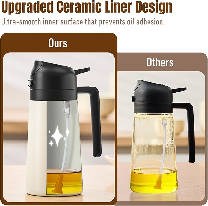 Baalaka Oil Sprayer for Cooking, Stainless Steel Dispenser, Black, 16 oz | Olive oil dispenser bottle sprays fine mist or pours smoothly; ceramic-coated inside for air fryer, BBQ, salads and baking.
