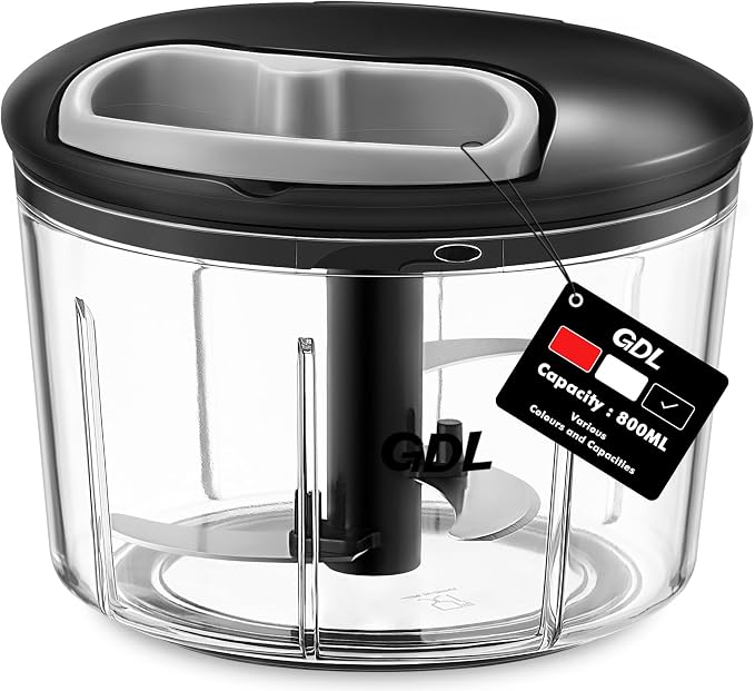 GDL Food Chopper, Pull Onion Chopper Dicer, Hand Powered Food Chopper, Fast Cutting Hand Chopper Mincer for Oinon, Garlic, Nut, 3.4 Cups 0.8L, Black