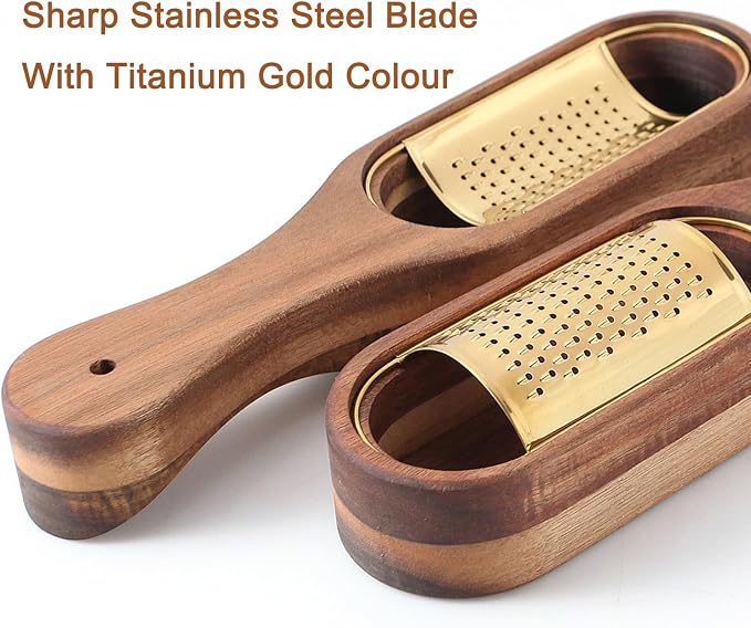 Box Cheese Grater With Container - Stainless Steel Parmesan Cheese Grater With Wood Handle Shredder Zester Grater Box Kitchen Handheld Cheese Spoon Grater-Titanium Gold Colour