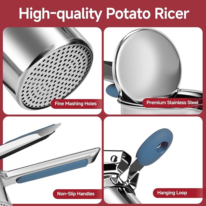 Potato Ricer for Mashed Potatoes-Stainless Steel 15oz | Large Capacity,All Clad,Heavy Duty,Ergonomic Handle for Spaetzle,Oranges, Lemons, Pumpkins, Carrots, Avocados(BLUE)