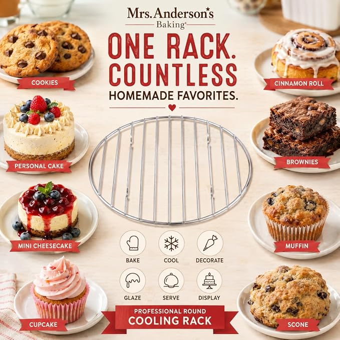 Mrs. Anderson's Baking Professional Round Cooling Rack, Heavy Duty Steel, 6 x 6 x 0.5-Inches