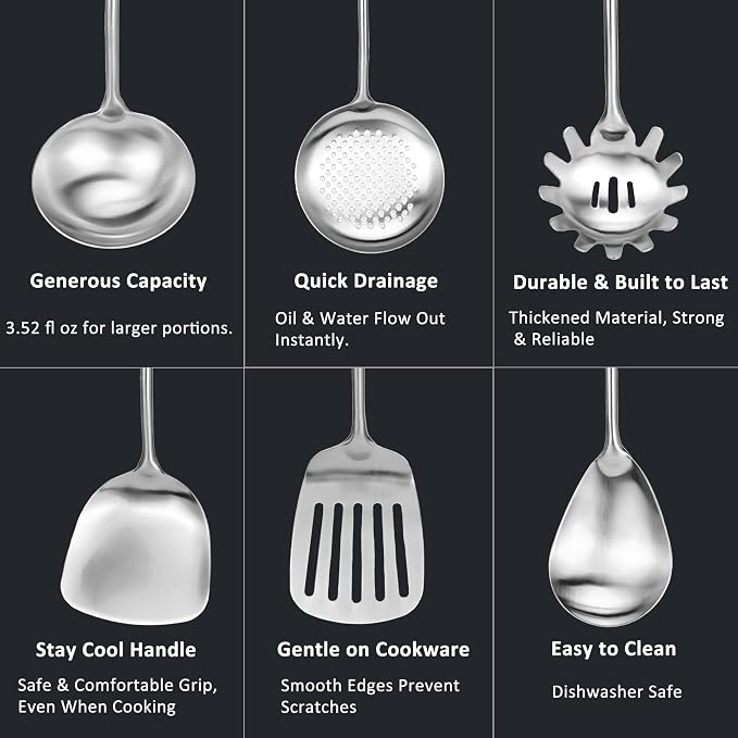 304 18/10 Stainless Steel Kitchen Utensils Set 11 Pcs Long Metal Cooking Utensil, Spatula, Soup spoon, Leaking shovel, Ladle, Tunner, Pasta Server, Meat Fork, Tongs Kitchen Tools Set, Dishwasher Safe