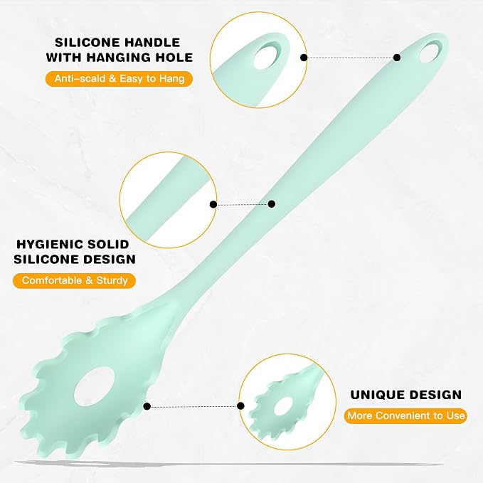 Spaghetti Spoon Set with Non-Slip Silicone Teeth, 12-Inch Non-Slip Pasta Spoon, Heat Resistant Kitchen Utensils with Storage Holes, Dishwasher Safe (green)