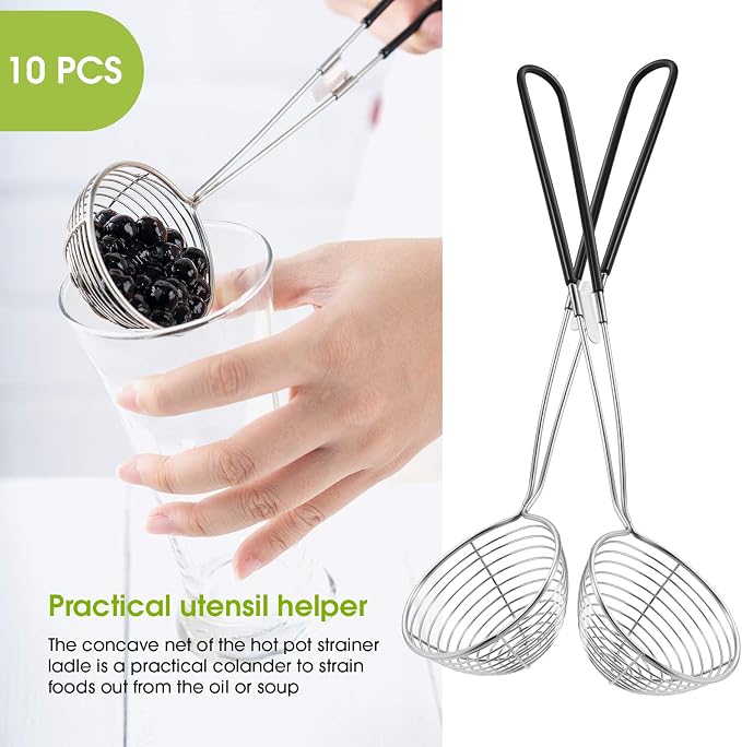 Geiserailie 10 Pieces Hot Pot Kit Strainer Scoops Stainless Steel 2.5 Inch Mini Spider Strainer Skimmer Pasta Mesh Spoon Asian Skimmer Spoon Ladle with Handle for Home (Black)