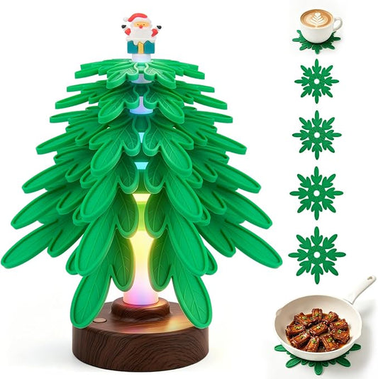 Silicone Tree Trivets for Hot Dishes Hot Pots and Pans, Heat Resistant Coaster Set with 3 Lighting Modes Decor (6 Trivets + 1 Stand)