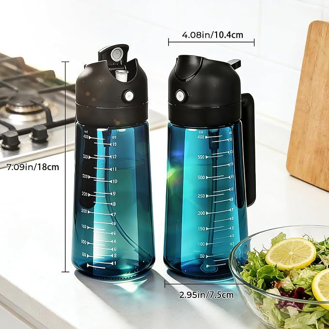 Glass Olive Oil Sprayer for Cooking (16oz/470ml), 2 in 1 Olive Oil Dispenser Bottle for Kitchen Gadgets and Air Fryer Accessories, Salad, BBQ (2-Pack, Blue Black)