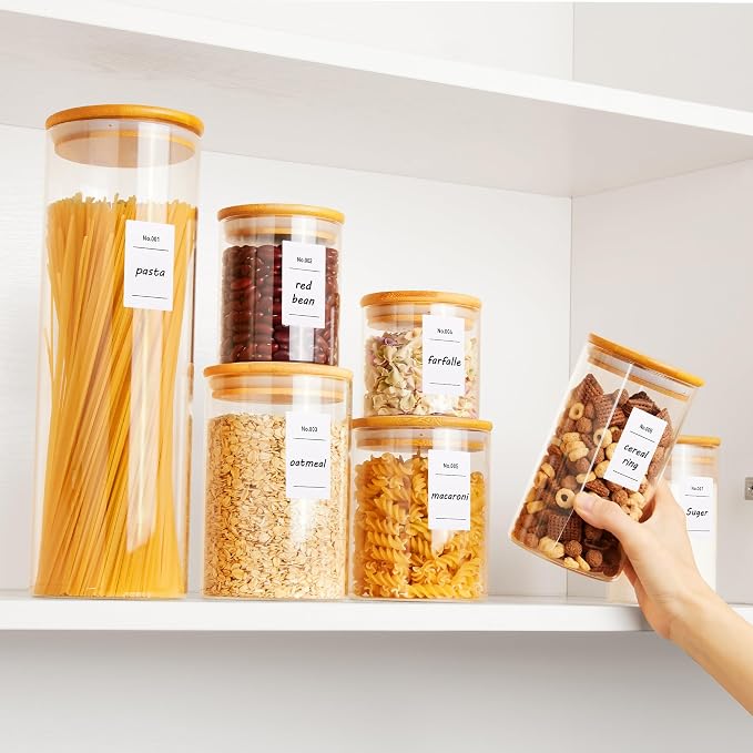 Vtopmart Glass Food Storage Jars, 7 Pack Kitchen Containers with Airtight Bamboo Wooden Lids for Pasta, Cookies, Nuts, Coffee Beans, Cereal, Canisters Set for Flour, Pantry Organization, BPA Free | 7-Pack Multi-Size Canisters Set for Pasta, Cookies, Nu...