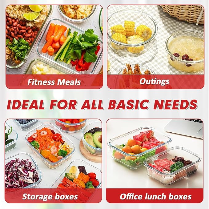 VERONES 12 Packs Glass Food Storage Containers Set with Lids, Red | Airtight Glass Lunch Containers, Glass Meal Prep Containers with Lids, for Microwave, Oven, Freezer & Dishwasher Friendly
