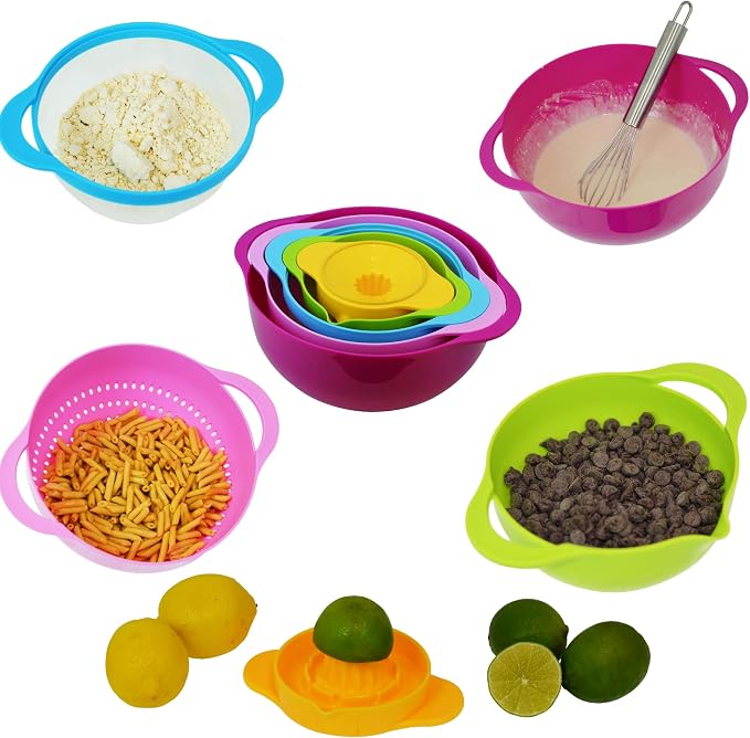 Southern Homewares 5-Piece Nesting Mixing Bowl Set with Colander, Sieve, Measuring Cup, and Juicer – Stackable Multi-Color Kitchen Set