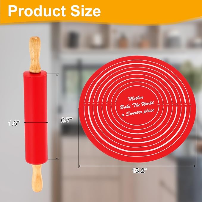 uxcell 6.7 Inch Silicone Rolling Pin and Pastry Baking Mat Set Small Dough Roller with Wood Handle for Pizza Pastry Fondant Home Kitchen, Red
