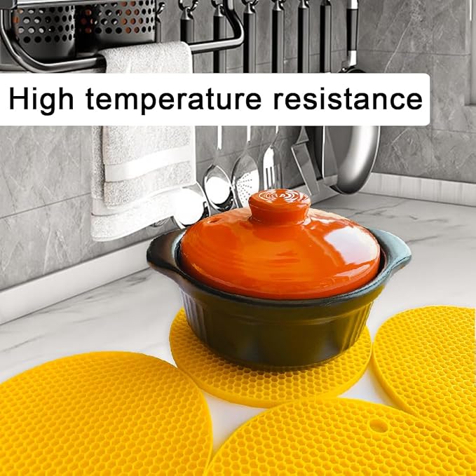 7-Inch Round Silicone Trivet Mats - 4-Pack Non-Slip Heat Resistant Hot Pads for Kitchen Countertops, Pots and Pans (Bright Yellow)