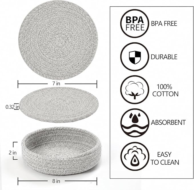 Coga Trivets for Hot Dishes, 5 Pack 7 Inch Cotton Hot Pads for Kitchen with Storage Basket, Round Pot Holders for Kitchen, Heat Resistant Mats for Countertop, Pots and Pans, Farmhouse Decor, Grey