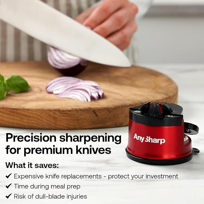AnySharp – Pro – Hands Free Knife Sharpener - Easy to Use Sharpening Tool with PowerGrip Suction Base and 20-Degree Pre-Set Angle - for All Knives: Chef's, Serrated, and Hardened Steel - Matte Red