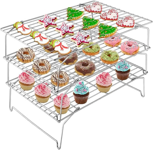 TeamFar Cooling Rack, 3 Tier 15" × 10" Stainless Steel Baking Roasting Rack for Cookies Cake Pies Bread, Collapsible & Foldable, Healthy & Non Toxic, Oven & Dishwasher Safe