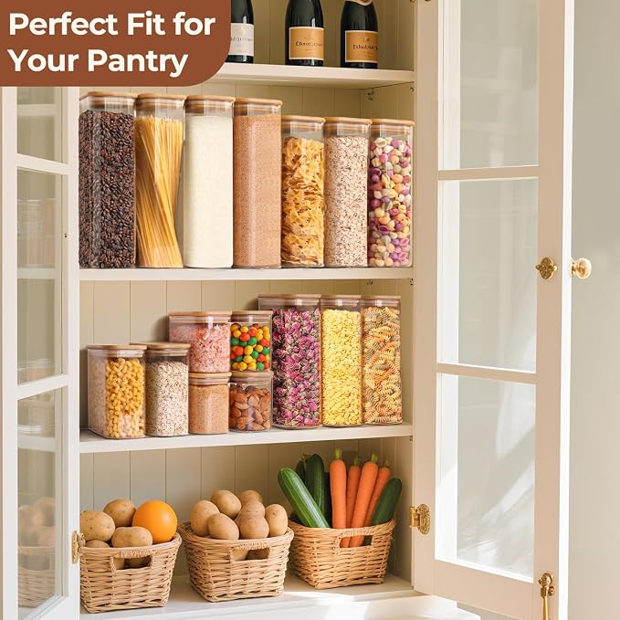 ComSaf Glass Storage Containers wtih Lids 1.2 Qt, Set of 4 Food Storage Jar | Glass Pantry Storage Containers, Rectangle Kitchen Canisters, Bamboo Lid with Silicone Seal, Cereal, Flour, 37oz, BPA Free