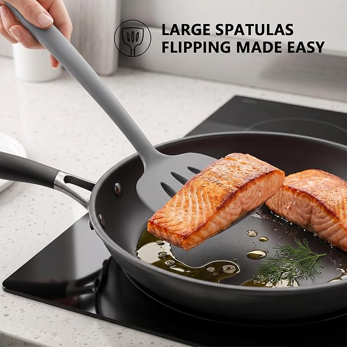 Coukre 3 Pack Silicone Spatula Set, High Heat Resistant, BPA-Free, Fish Spatula, Solid & Slotted Turner for Non-Stick Pans, Flipping Eggs, Pancakes, Fish, Burgers (3, PureGray)