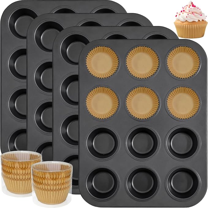 4 Pack Muffin Pan for Baking, Standard Cupcake Pan with 200 Natural Cupcake Liners, Muffin Tin Nonstick 12 Cup, Carbon Steel Muffin Cupcake Tary Baking Supplies