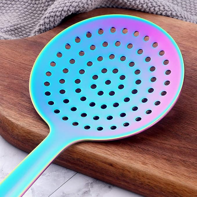 Skimmer Spoon, BuyGo Kitchen Tool Slotted Spoon Stainless Steel Cooking Utensil Strainer Ladle with a Loop, Comfortable Grip Design Strainer Ladle for Kitchen, Rainbow