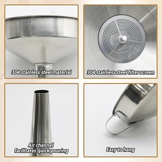 4.3-Inch Silver Stainless Steel Funnel with Strainer, Metal Funnel with Cleaning Brush, Filtering Funnel for Filling Bottles Transferring Liquid Oil Juice Milk Kitchen Use
