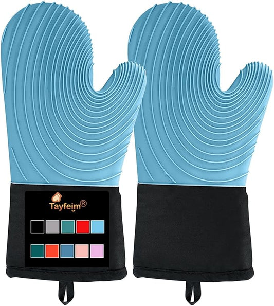 Silicone Oven Mitts-13.6 in Extended Oven Mitts Heat Resistant 500F, Oven Gloves with Soft Liner Good Grippy BPA-Free Easy to Clean Flexible-Oven Mits Set for Cooking Baking Grilling BBQ