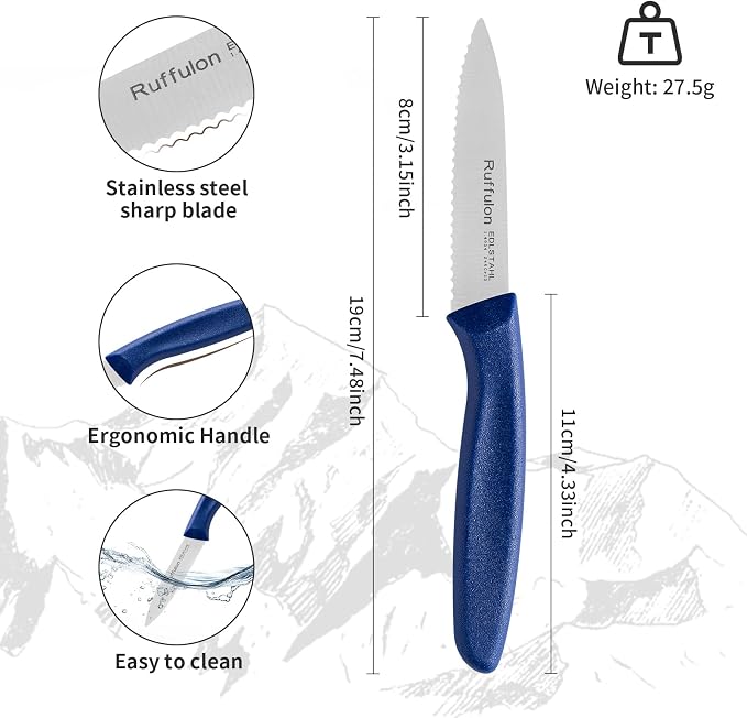 Stainless Steel Paring Knife With Serrated Blade, 6 Pieces Set Vegetable and Fruit Knife, Ultra Sharp Small Kitchen Knife, Colorful Paring Knifves with PP Plastic Ergonomic Handle.