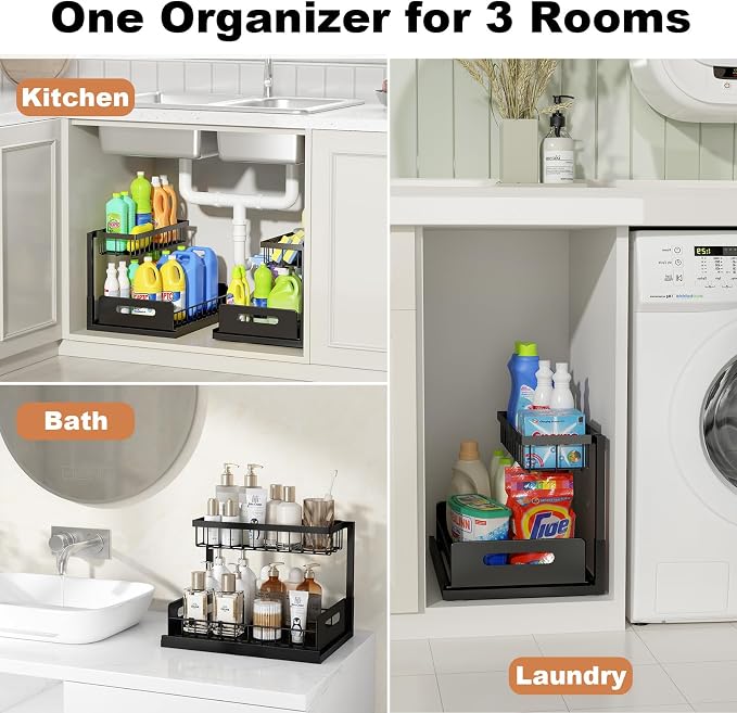 Under Sink Organizer, L-Shaped 2 Tier Pull Out Cabinet Organizer | For Kitchen and Bathroom, Slide Out Under Cabinet Storage, Metal Under Sink Storage with Sliding Drawer, 50 lbs, Black 2 Pack