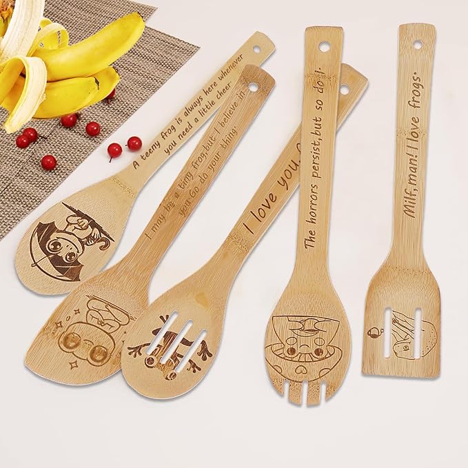 5PCS Frog Wooden Cooking Spoons Set Bamboo Cooking Spoons | Frog Kitchen Decor Housewarming Wedding Anniversary Thanksgiving Christmas for Mom Women Animal Lovers