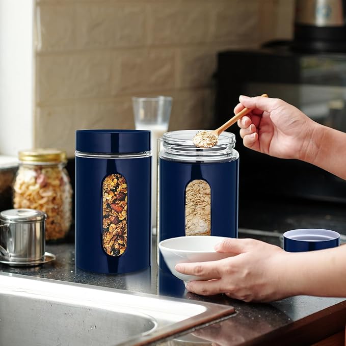 6 Pack Kitchen Canisters Set Airtight Coffee Sugar Tea Storage Jars with Window Glass Stainless Steel Containers with Lids for Flour Cookies Spices Grains Kitchen Decorations (Navy Blue,32 oz)