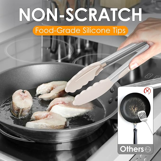 Hotec Silicone Kitchen Tongs for Cooking, 9-Inch, Set of 3, Khaki | Serving Tongs with Silicone Tips, Heat Resistance 600°F, Non-Slip Grip, Durable Spring Locking Mechanism