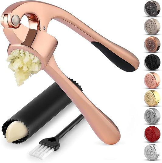 Zulay Kitchen Premium Garlic Press Set - Rust Proof Professional Garlic Mincer Tool - Easy-Squeeze, Easy-Clean with Soft Handle - Silicone Garlic Peeler & Brush (Rose Gold)