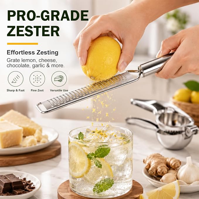 Lemon Squeezer & Zester Set, Large Bowl Stainless Steel Citrus Juicer, Heavy Duty Handheld Lime Press with Seed Filter, Lime Juicer and Citrus Grater for Cocktails, Cooking & Cheese