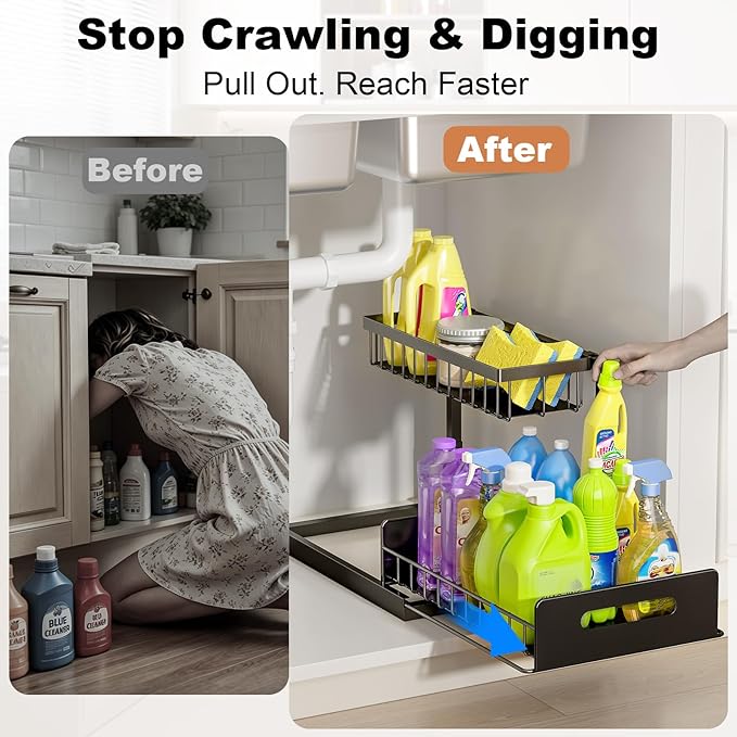 Under Sink Organizer, L-Shaped Pull Out Cabinet Organizer, Kitchen | 2 Tier Metal Slide Out Shelf for Kitchen, Bathroom, Laundry, and Utility Cabinet Storage for Deep Cabinets, Black, 1 Pack