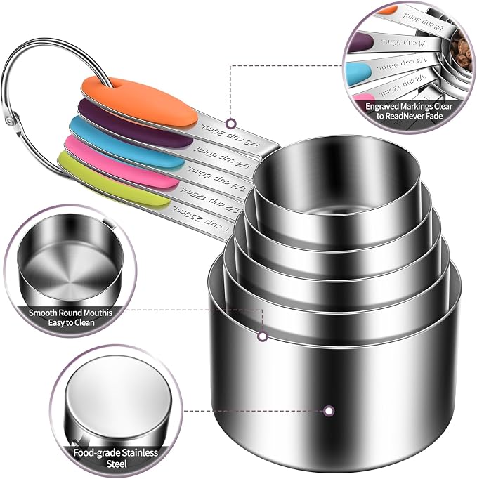 10-Piece Measuring Cups and Spoons Set, 304 Stainless Steel with Color-Coded Handles, Engraved Markings Never Fade, Plastic Free, Dishwasher Safe, Includes 1/8 Cup & 1/4 Tsp