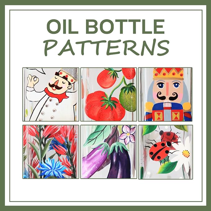 17oz Hand Painted Glass Olive Oil Bottle - 500ml Green Oil & Vinegar Cruet with Pourers - Olive Oil Carafe Decanter for Kitchen (Red and blue flower)