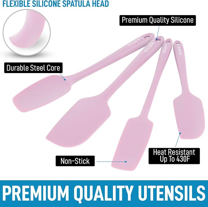 Zulay 4pcs Silicone Spatula Set - Heat Resistant Silicone Tools for Cooking, Baking & Mixing - One Piece Design Spatulas for Non-Stick Cookware - Durable Stainless Steel Core (Pink)