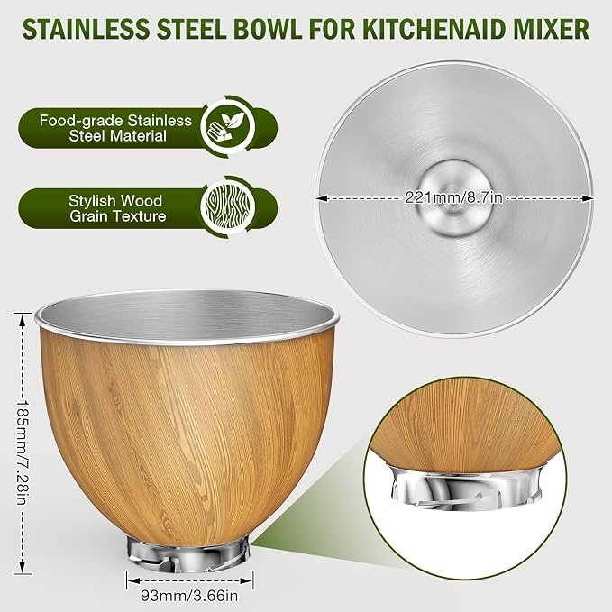 5QT Stainless Steel Mixer Bowl Compatible with Kitchen aid Stand Mixers Kitchenaid Replacement Bowl for 4.5-5 QT Tilt-Head Mixer with Handle, Wood Grain