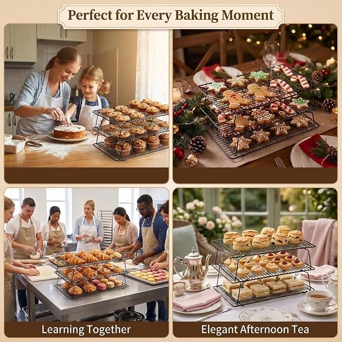 Cooling Racks for Baking, 3-Tier Stackable Stainless Steel Wire Cooling Rack Set of 3 (10"x15") with 100 Paper, Oven Safe Heavy Duty Rust-Resistant Wire Rack for Cookie Sheet Roasting Grilling.