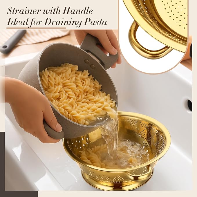 4 Pcs Gold Kitchen Accessories Includes Stainless Steel Colander and 3 Pcs Gold Fine Mesh Strainer Essential Kitchen Colander Strainers with Handles, Easy Clean and Dishwasher Safe (4.5 Qt)