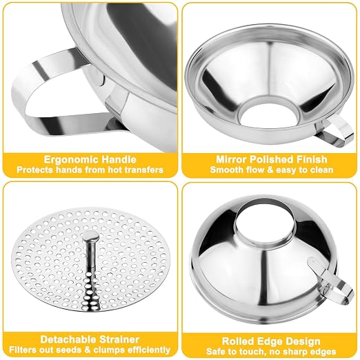 Stainless Steel Canning Funnel with Strainer, 3 Piece Wide & Regular Mouth Jar Funnels Set, Large & Small Metal Funnels with Detachable Umbrella Strainer, for Mason Jars, Jam, Liquids, Dry Goods