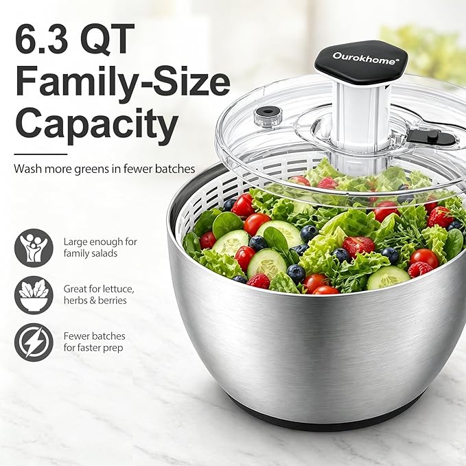 Ourokhome 6.3 QT Stainless Steel Salad Spinner, Large Lettuce Spinner with One-Hand Press Pump, Brake Button, Non-Slip Base and Retractable Handle, Vegetable Washer & Dryer for Greens, Fruits and Herb